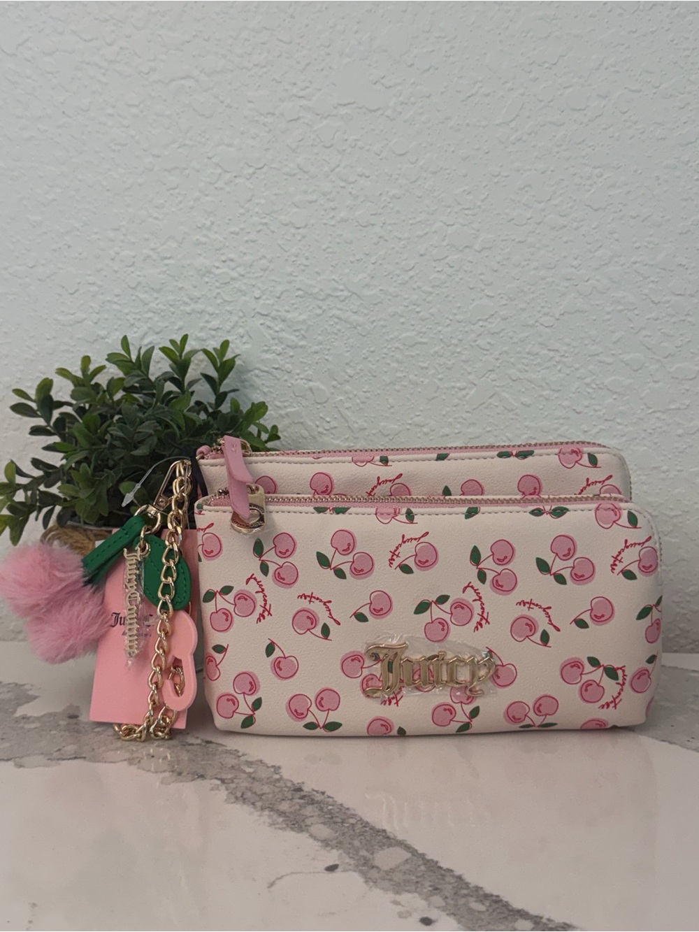 JUICY COUTURE Cherry Print Pink Double Zip Wrislet with Pink Cherry Pom Pom NWT